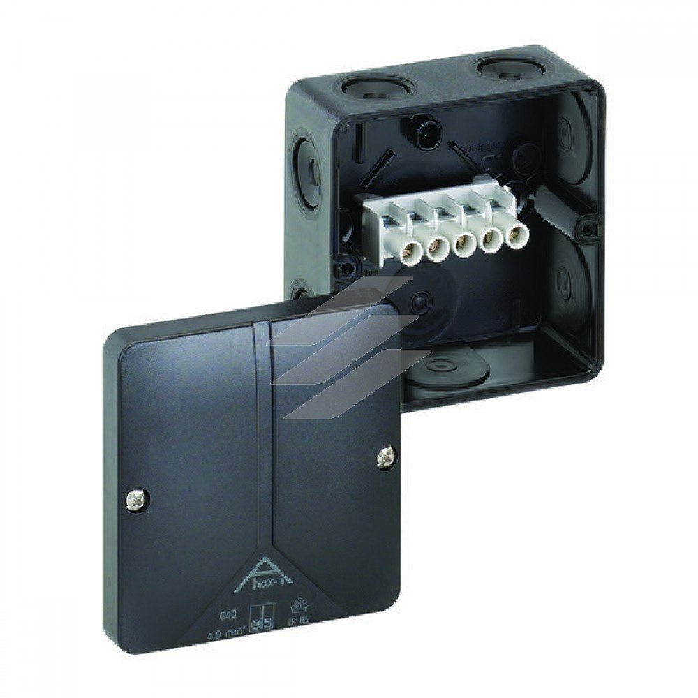 Розподільча коробка Abox-i 040-4² (93x93x55), клема 5пол.х4мм² (4х1,5²/4х2,5²/3х4² на кожний пол.), полікарбонат, метрич. введеня-8 місць (7-М20, 1-М20 на днищі), IP65 чорна, Spelsberg